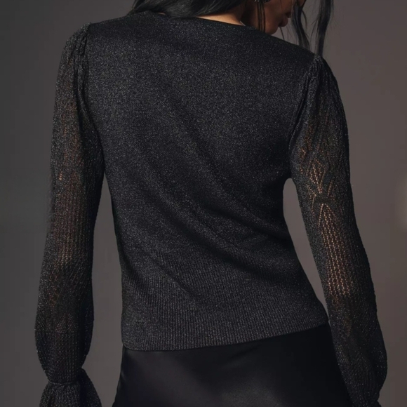 Anthropologie Sz L Metallic V-Neck Twofer Sweater Black Woven Sleeve Chic Night - Picture 3 of 15